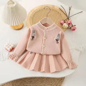 Girls Bunny Cardigan & Pleated Skirt Set