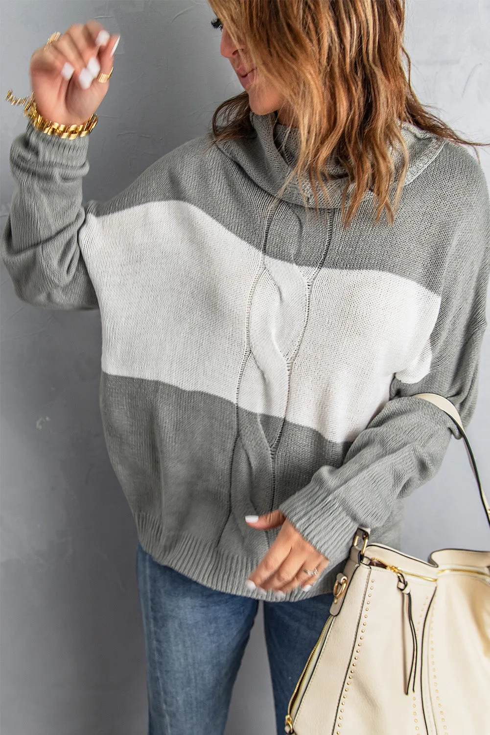 Gray Colorblock Turtleneck Loose Knitted Sweater