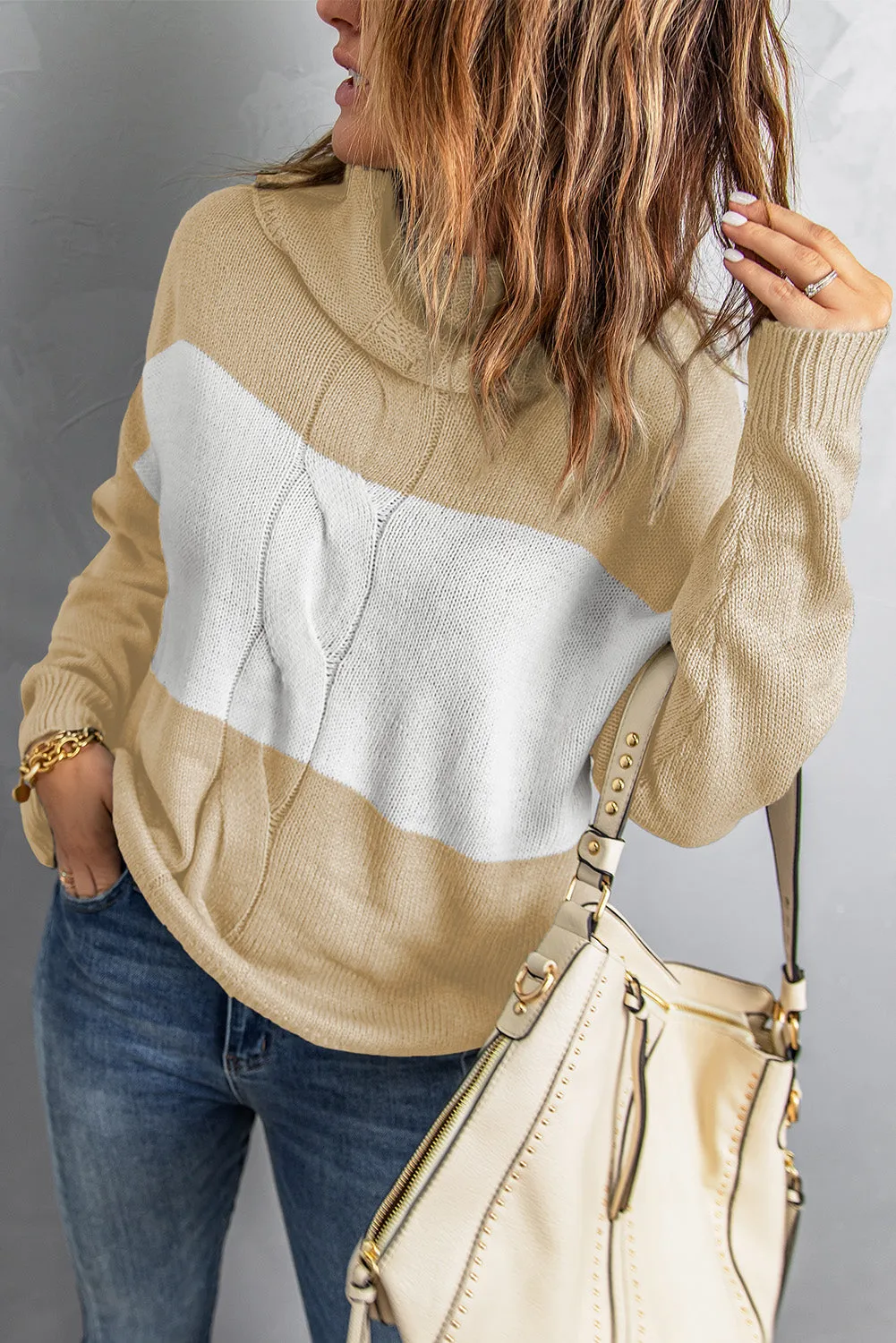 Gray Colorblock Turtleneck Loose Knitted Sweater