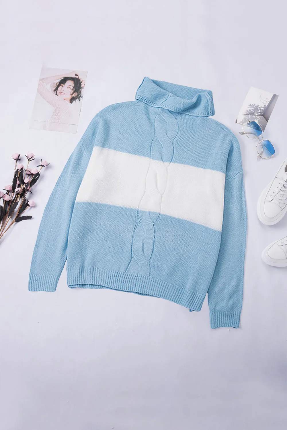 Gray Colorblock Turtleneck Loose Knitted Sweater