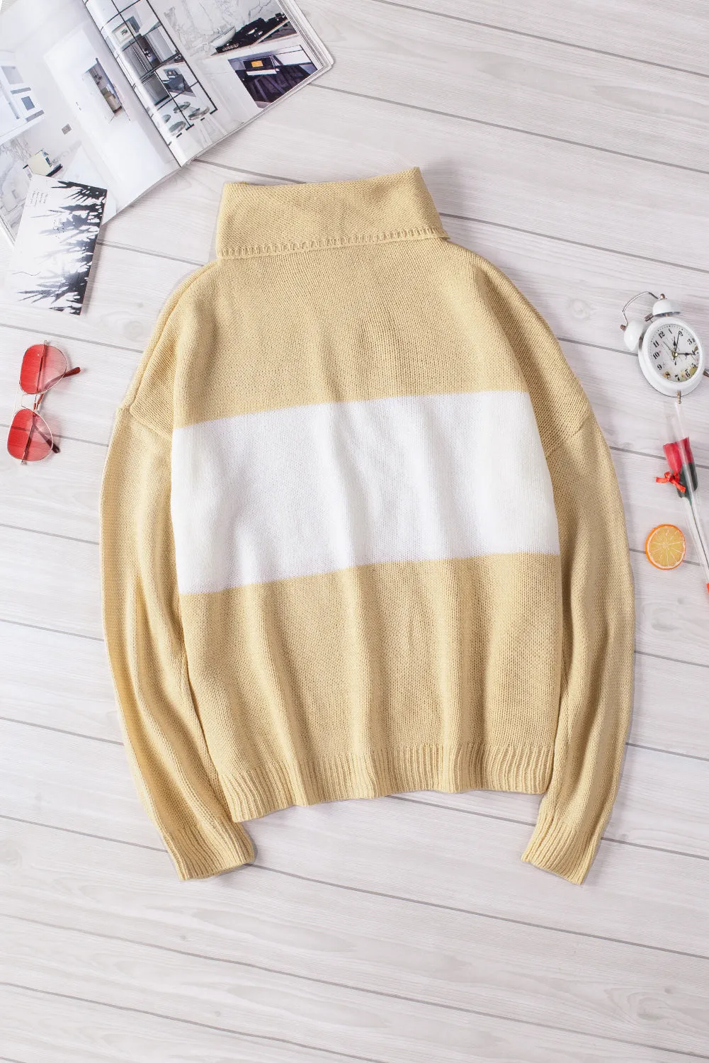 Gray Colorblock Turtleneck Loose Knitted Sweater