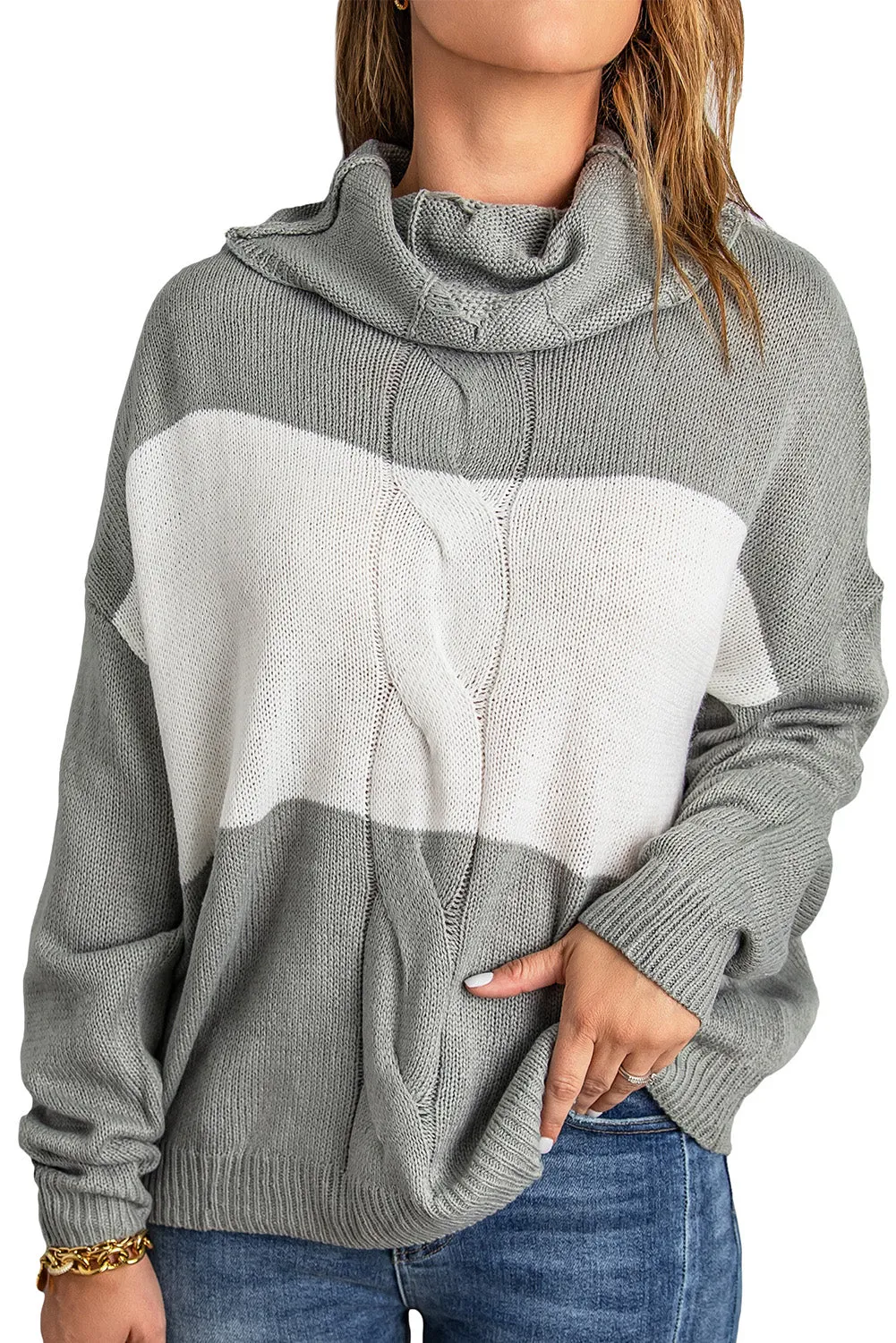 Gray Colorblock Turtleneck Loose Knitted Sweater