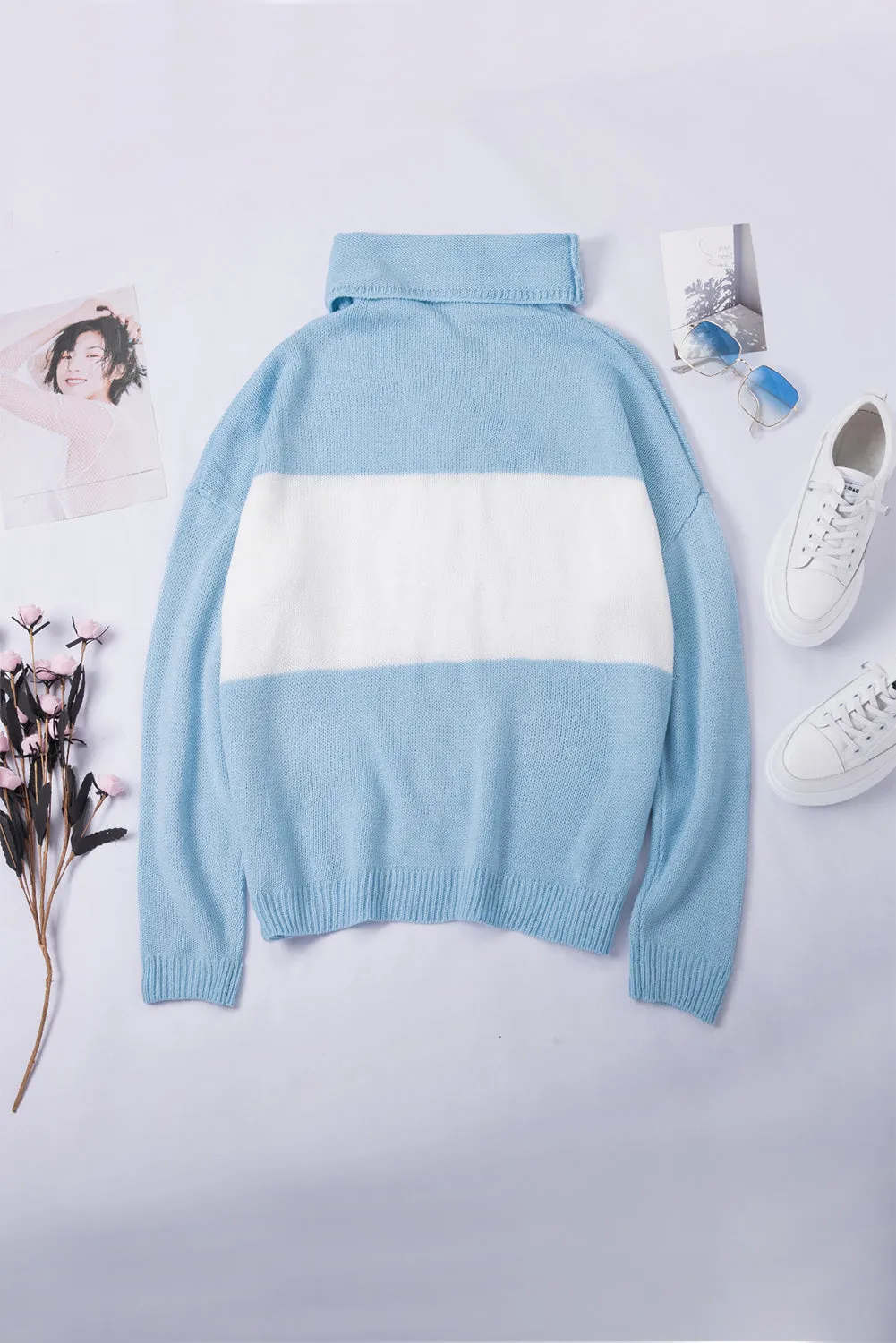 Gray Colorblock Turtleneck Loose Knitted Sweater