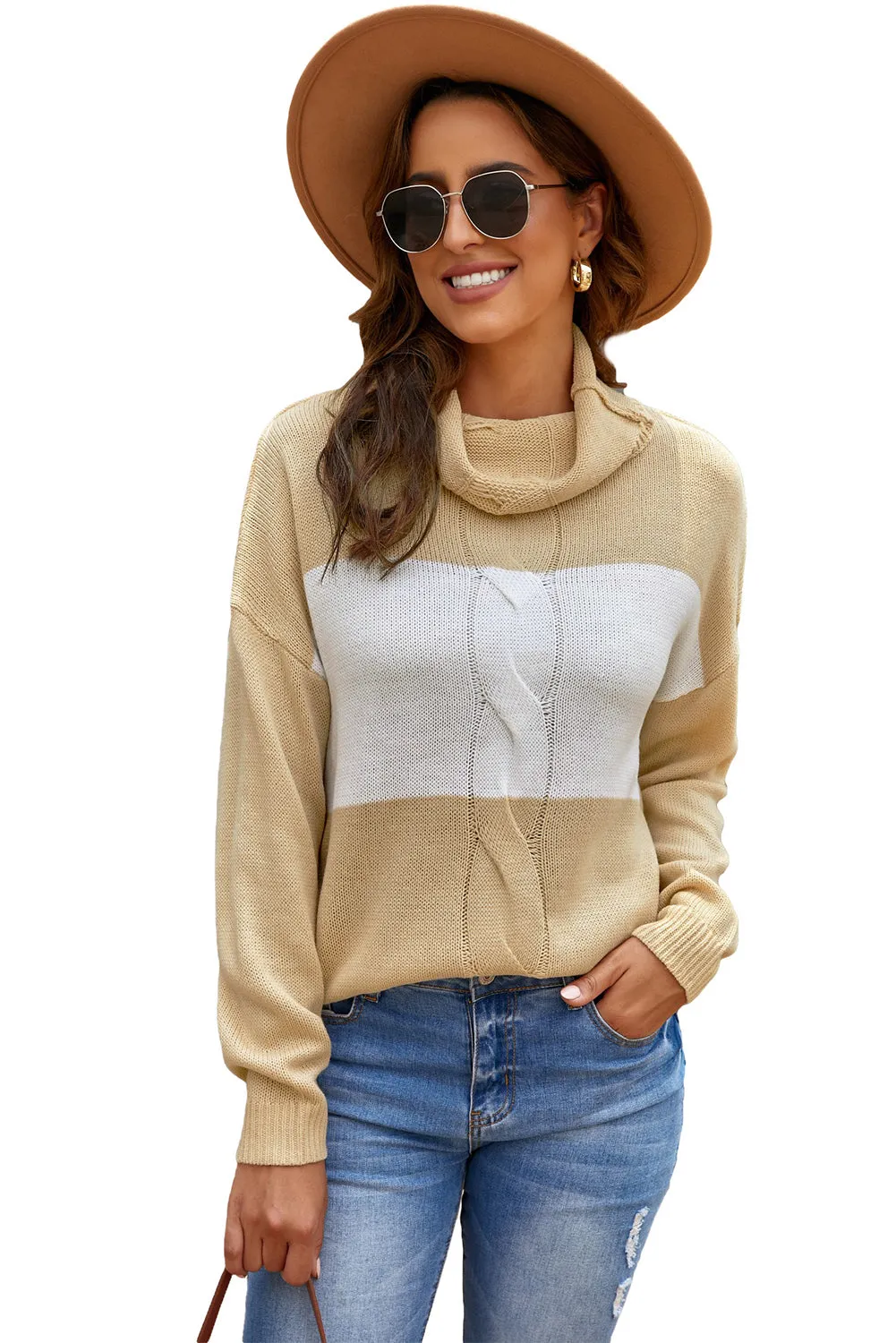 Gray Colorblock Turtleneck Loose Knitted Sweater