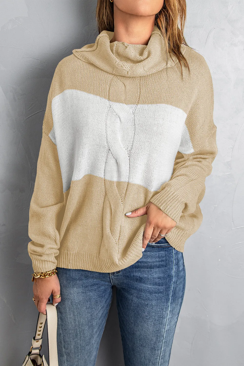 Gray Colorblock Turtleneck Loose Knitted Sweater