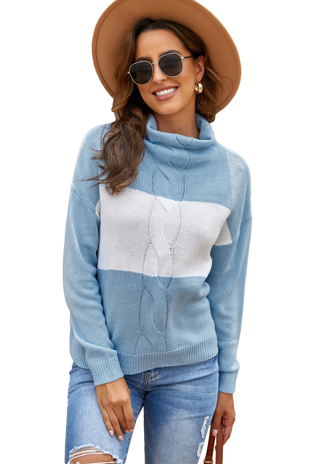 Gray Colorblock Turtleneck Loose Knitted Sweater