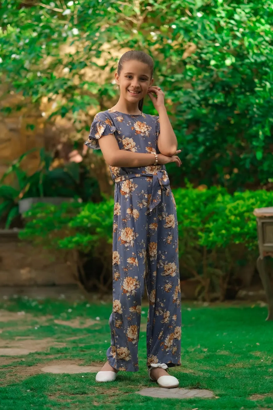Grey Floral Print Ruffle Jumpsuit