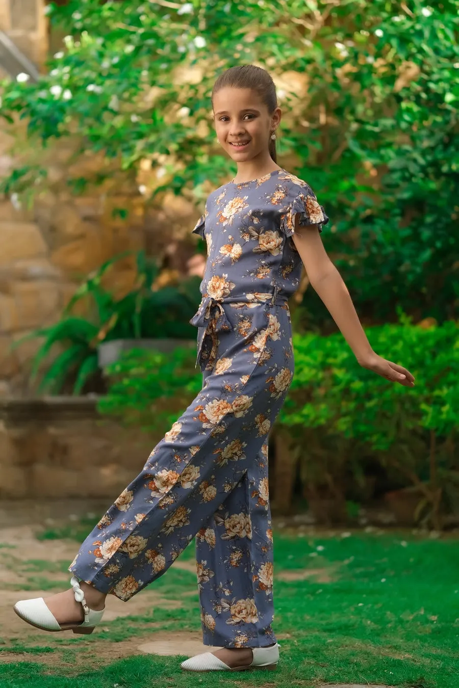 Grey Floral Print Ruffle Jumpsuit