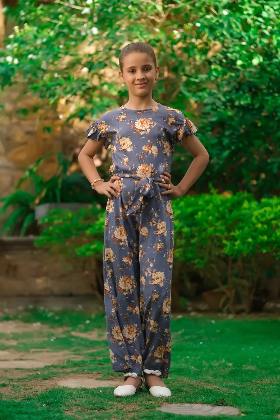 Grey Floral Print Ruffle Jumpsuit