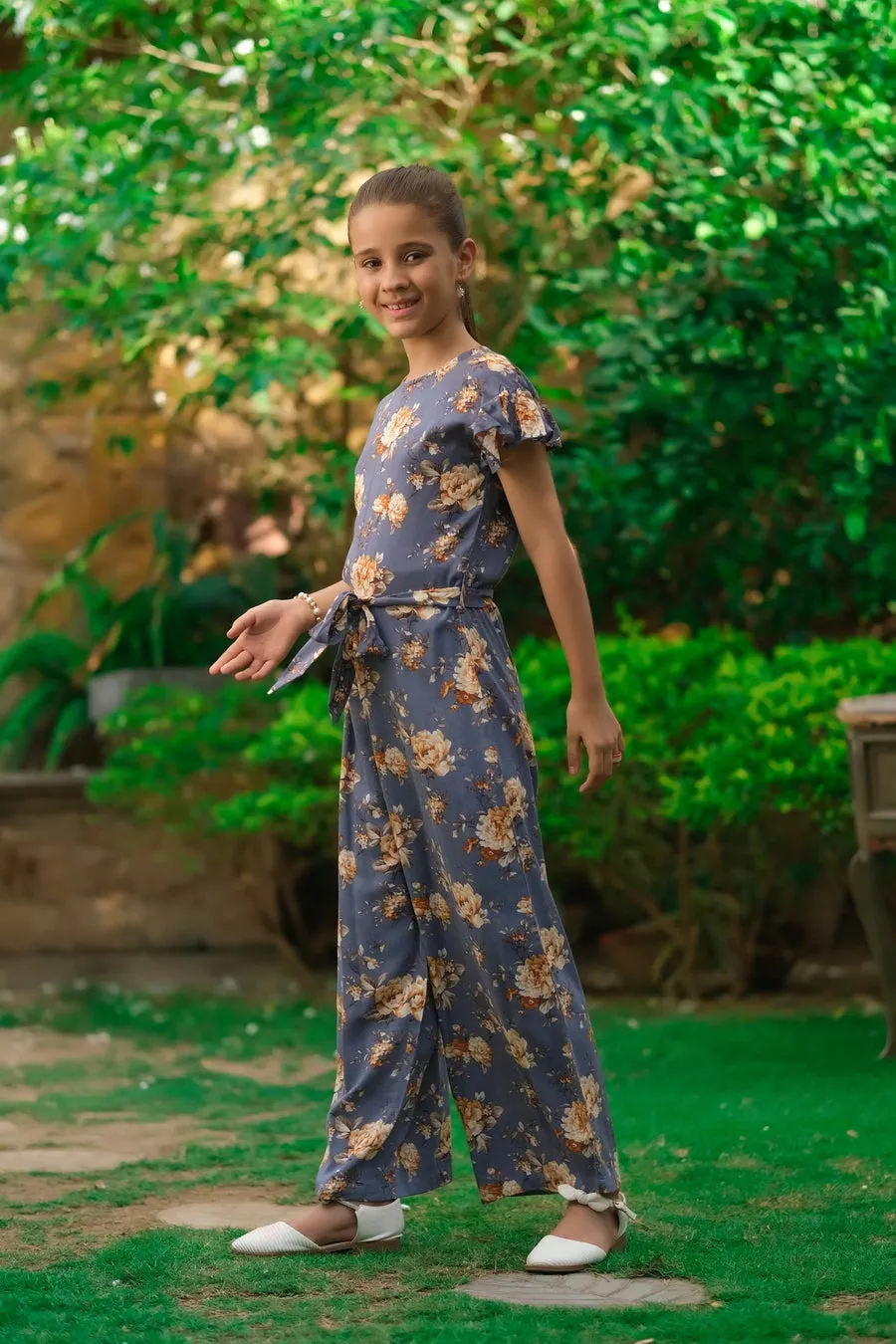 Grey Floral Print Ruffle Jumpsuit