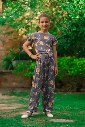 Grey Floral Print Ruffle Jumpsuit
