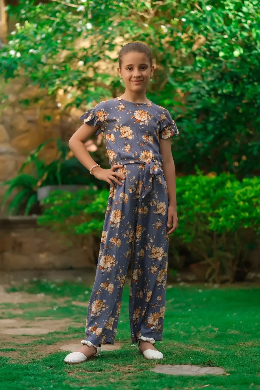 Grey Floral Print Ruffle Jumpsuit