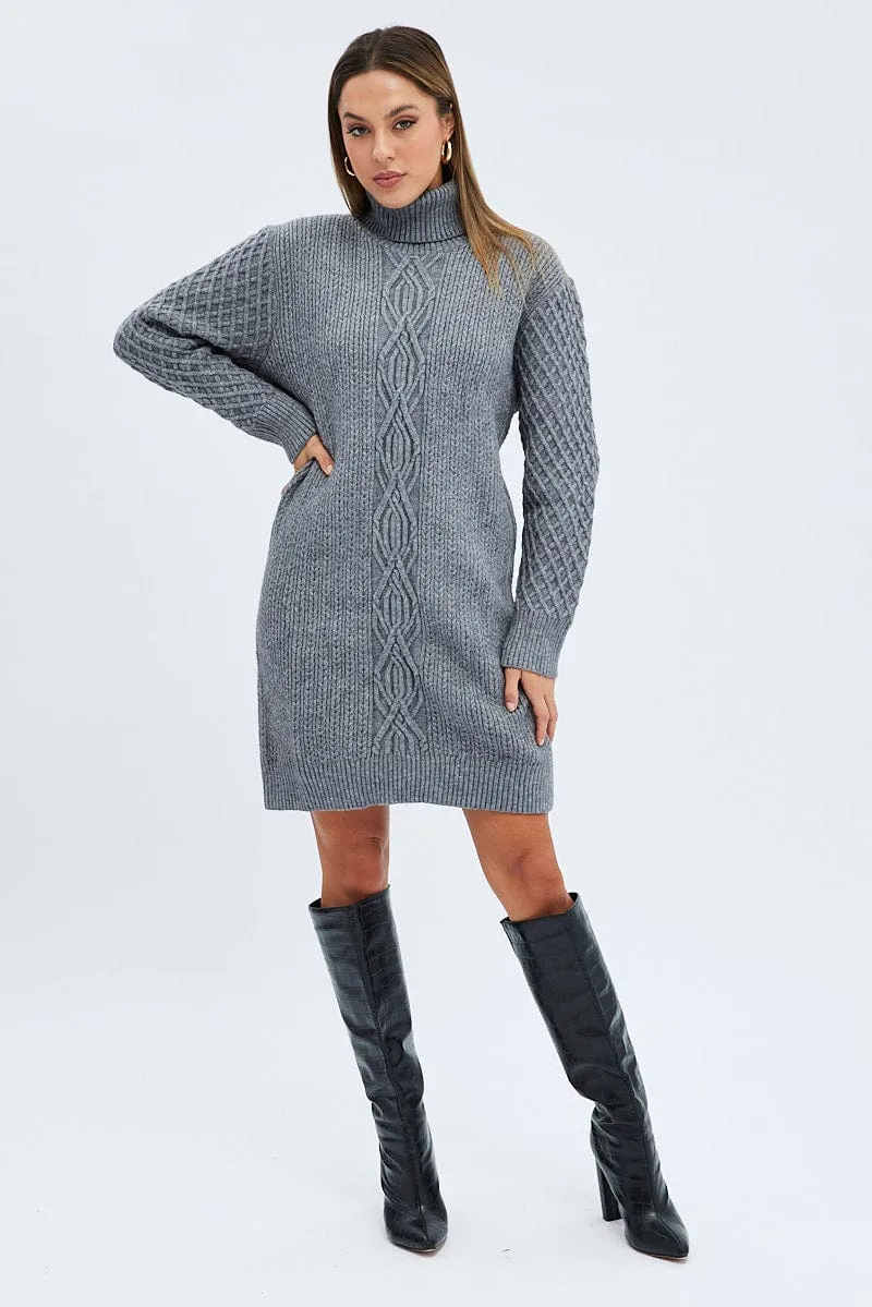 Grey Knit Dress Long Sleeve Turtleneck Cable