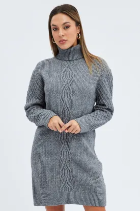 Grey Knit Dress Long Sleeve Turtleneck Cable