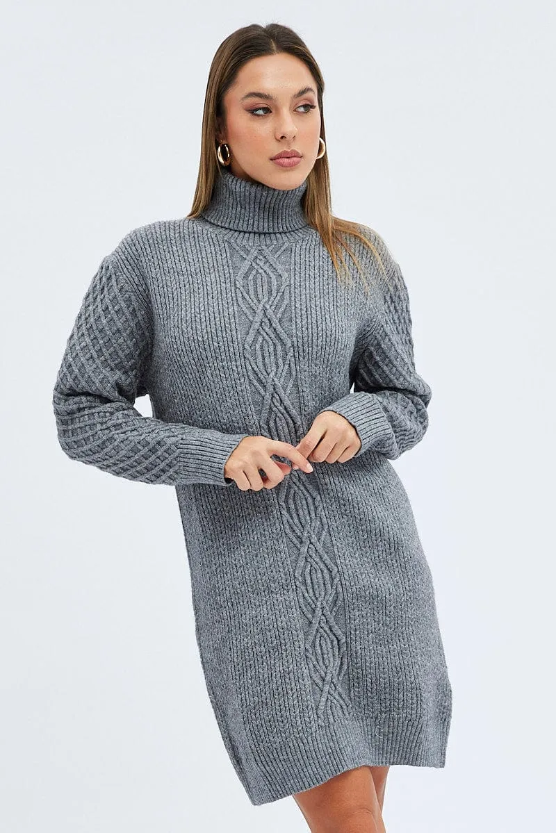 Grey Knit Dress Long Sleeve Turtleneck Cable