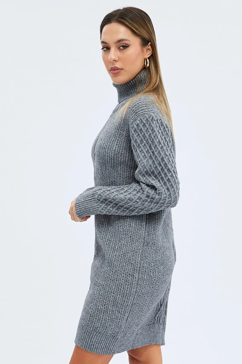 Grey Knit Dress Long Sleeve Turtleneck Cable