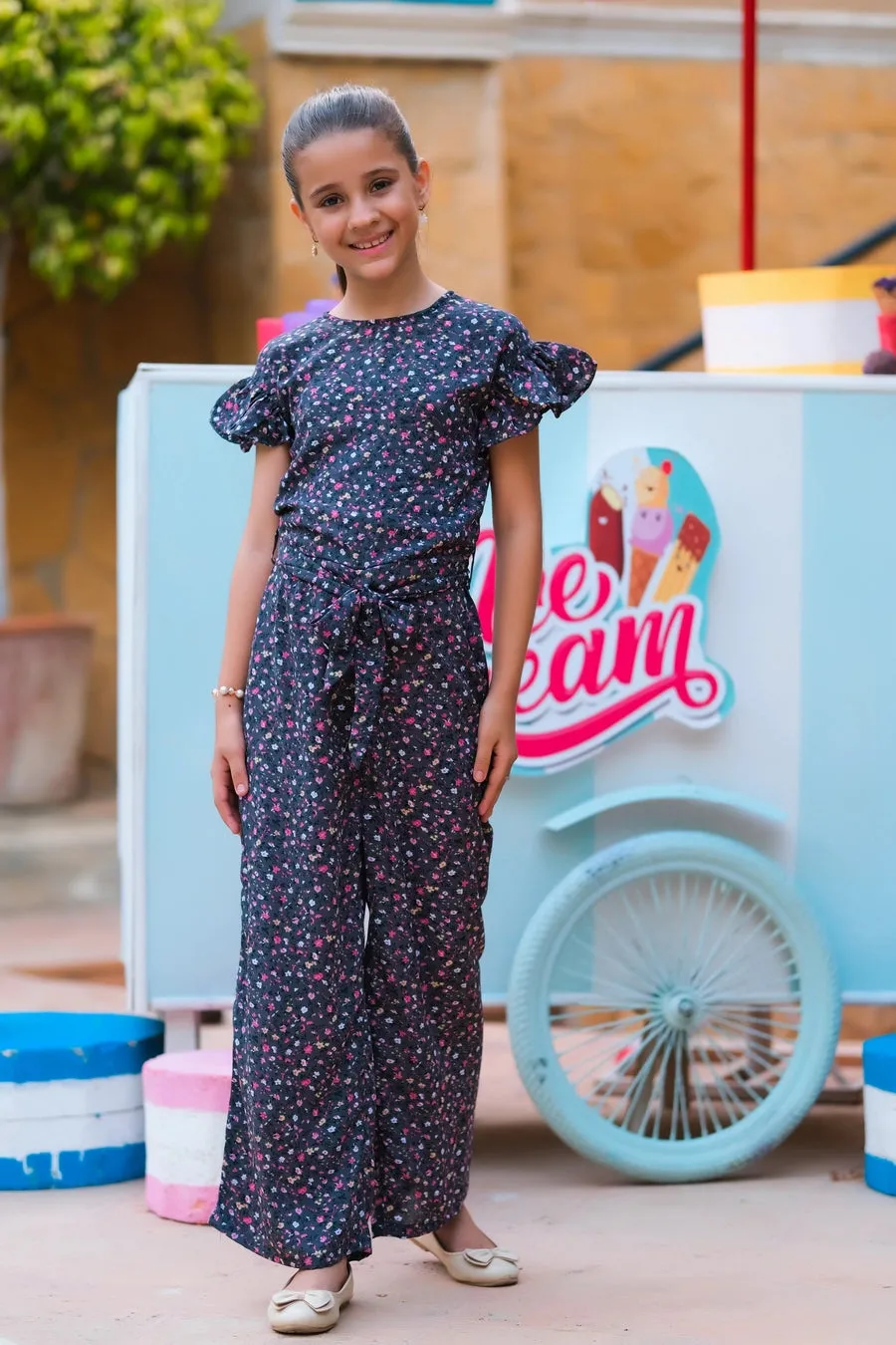 Grey Pink Floral Print Ruffle Jumpsuit