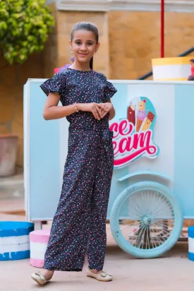 Grey Pink Floral Print Ruffle Jumpsuit