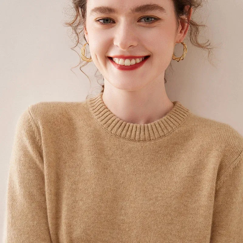 High Quality Autumn Winter 100% Cashmere Sweater Women O-Neck Pullover  Sweater Warm Loose-Fit Knitted Base Tops Clothing