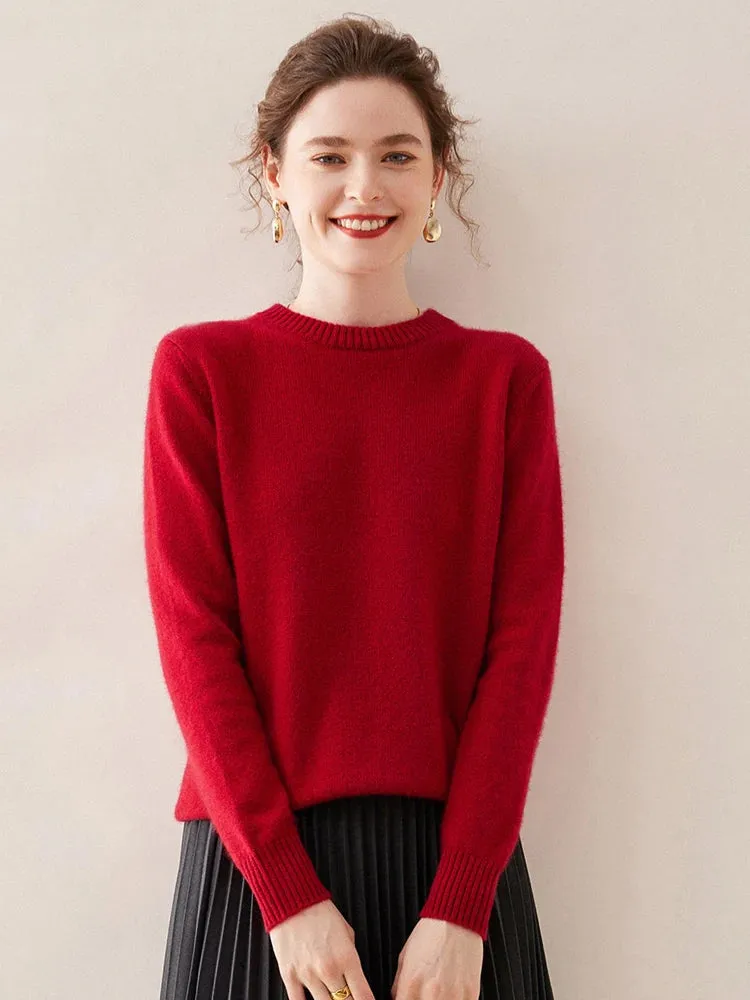 High Quality Autumn Winter 100% Cashmere Sweater Women O-Neck Pullover  Sweater Warm Loose-Fit Knitted Base Tops Clothing