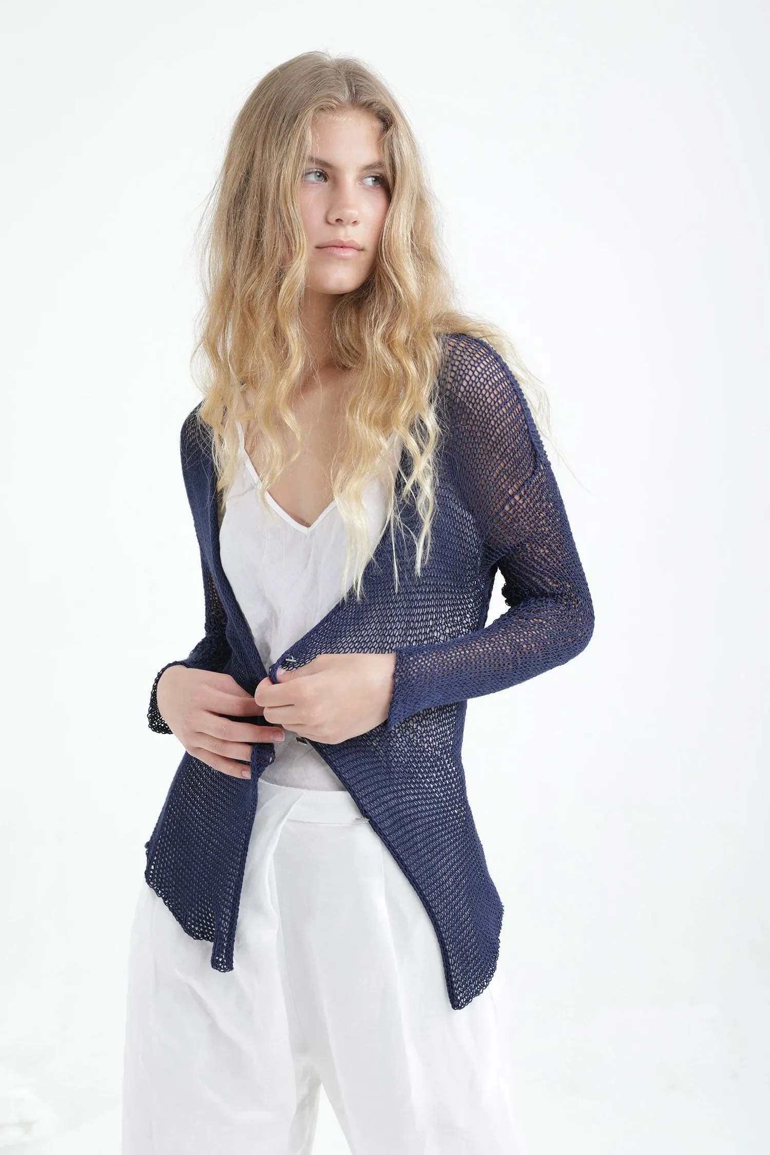 Indigo Navy Blue Short Open knit Bamboo Cardigan with buttons