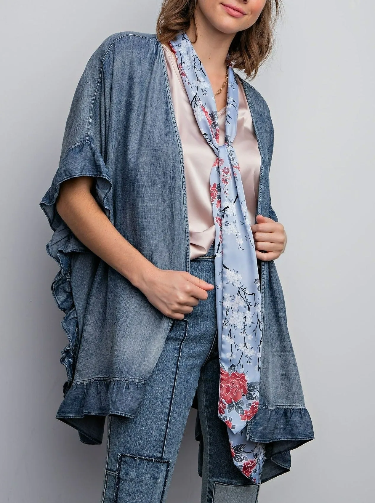 Jolie Boho Denim Ruffle Kimono