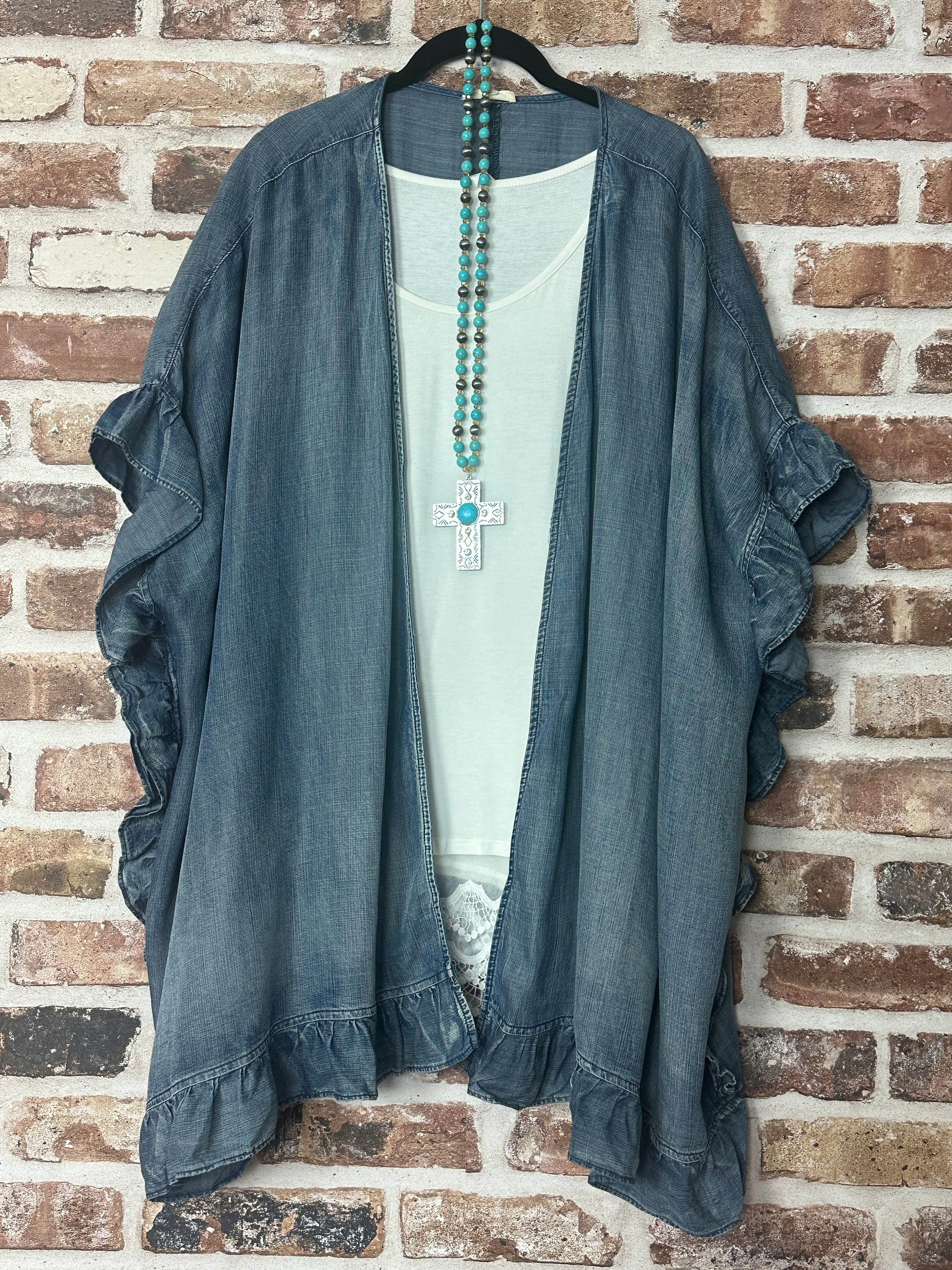 Jolie Boho Denim Ruffle Kimono