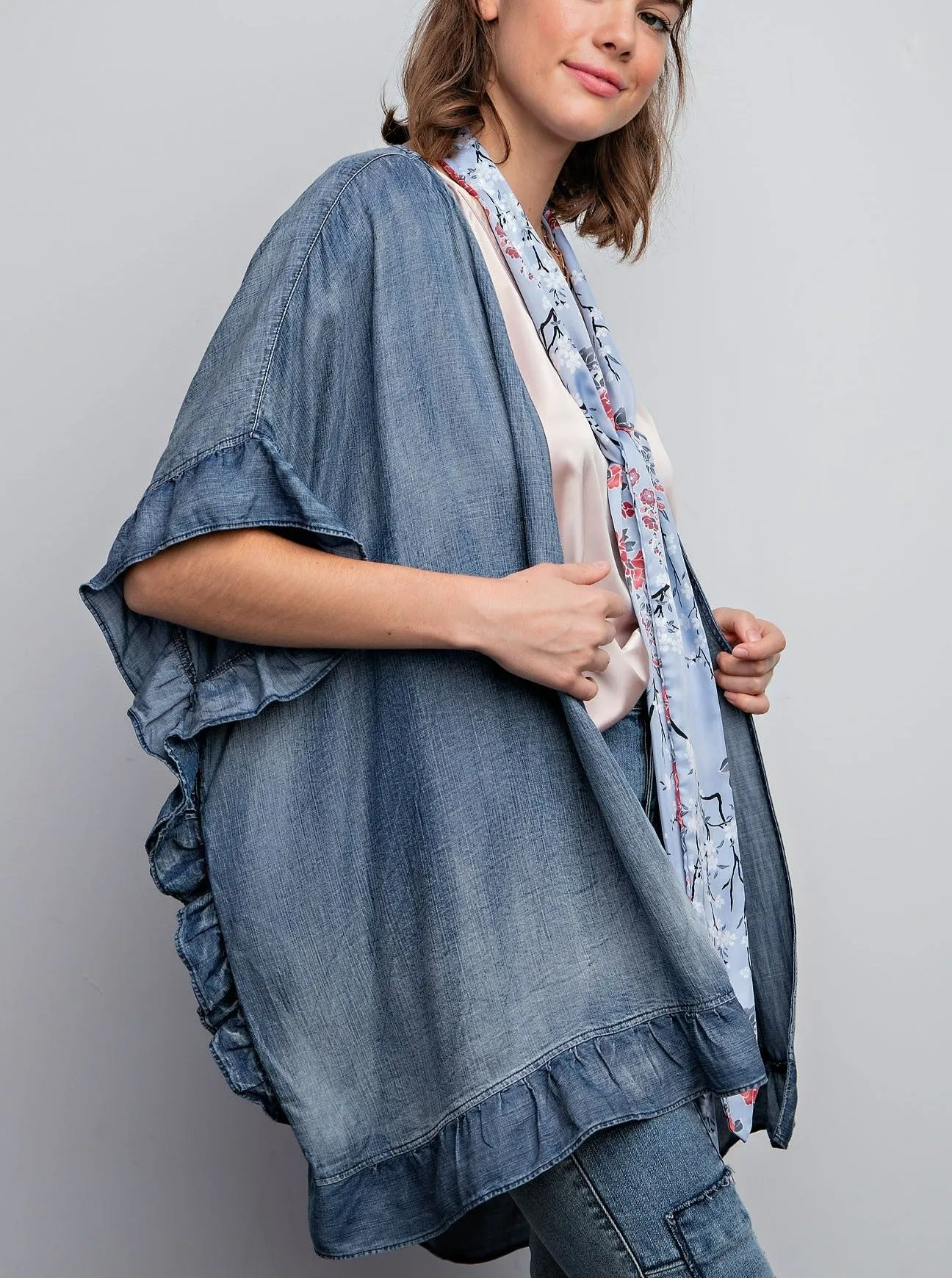 Jolie Boho Denim Ruffle Kimono