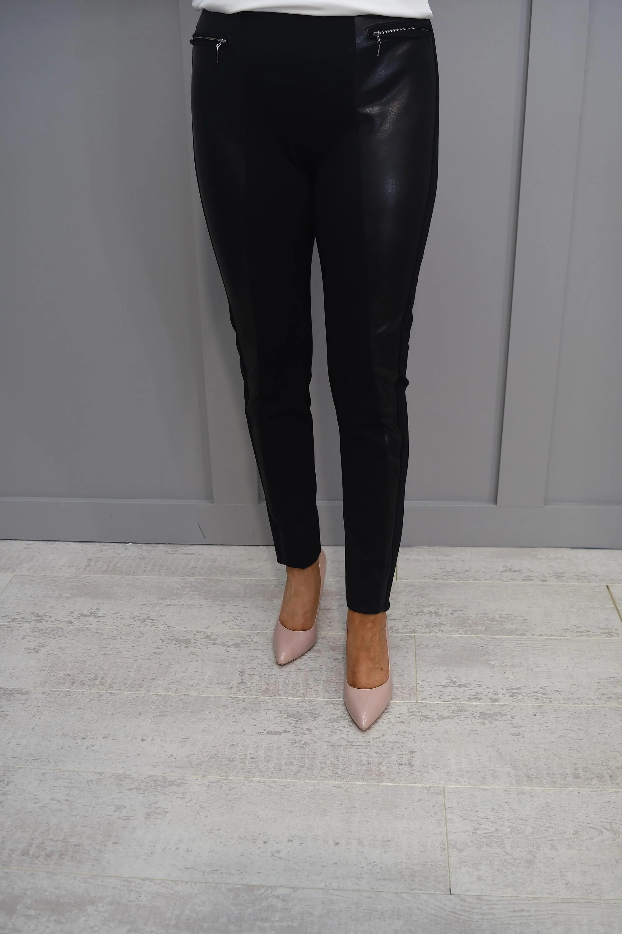 Joseph Ribkoff Black Trousers with Leather Panel & Zip Pocket Detail- 233012 11