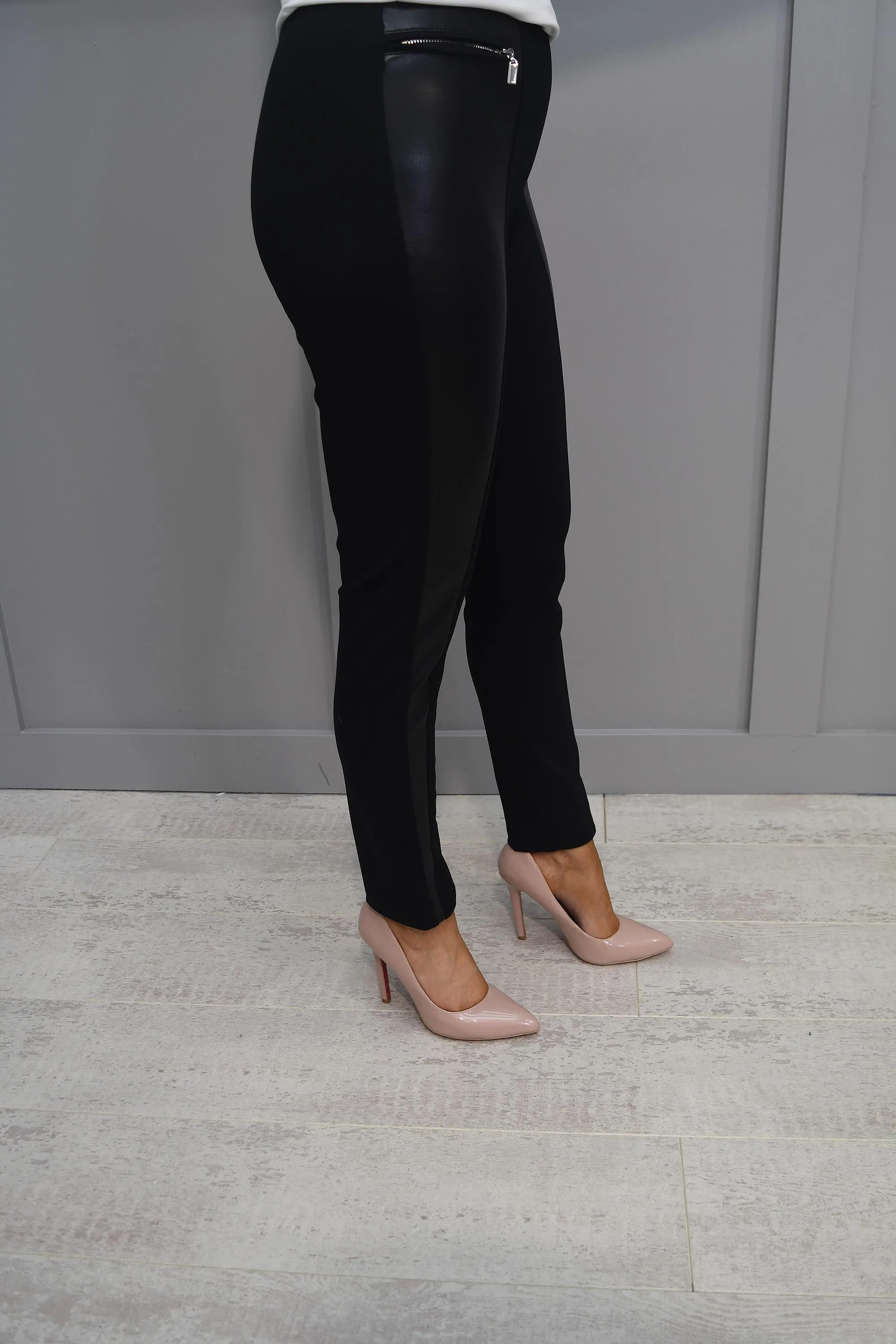 Joseph Ribkoff Black Trousers with Leather Panel & Zip Pocket Detail- 233012 11