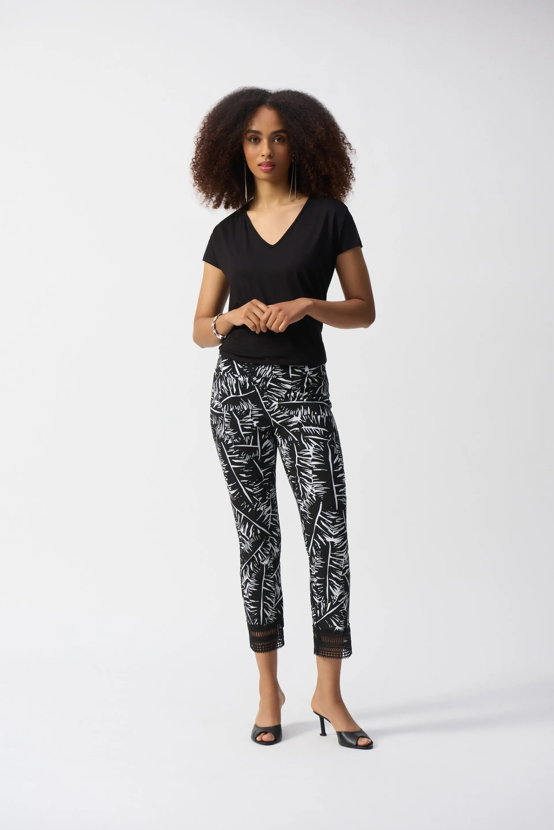 Joseph Ribkoff Black/White Tropical Print Pull-On Pants Style 251218