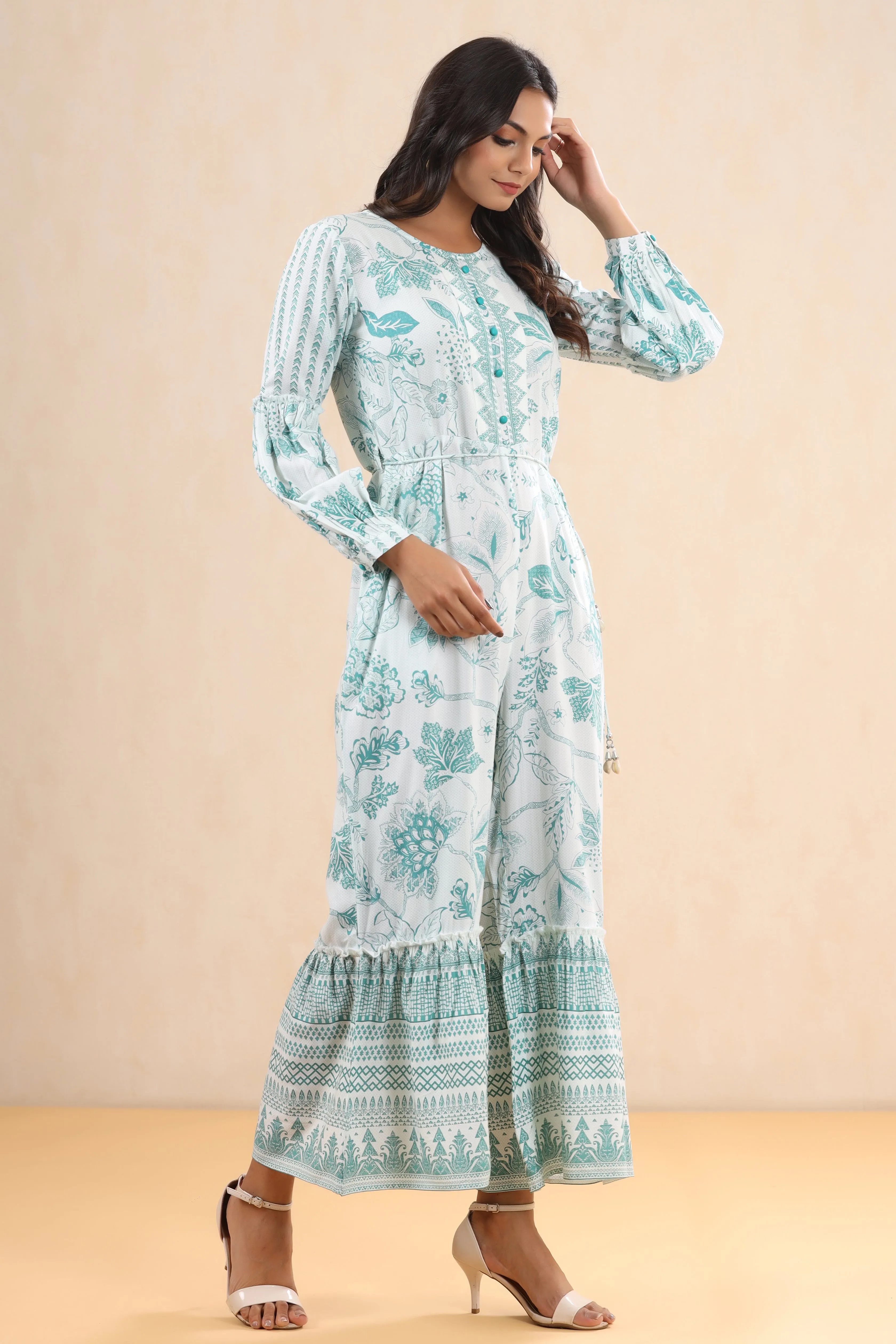 Juniper Teal Floral Printed Rayon Flared Jumpsuit.