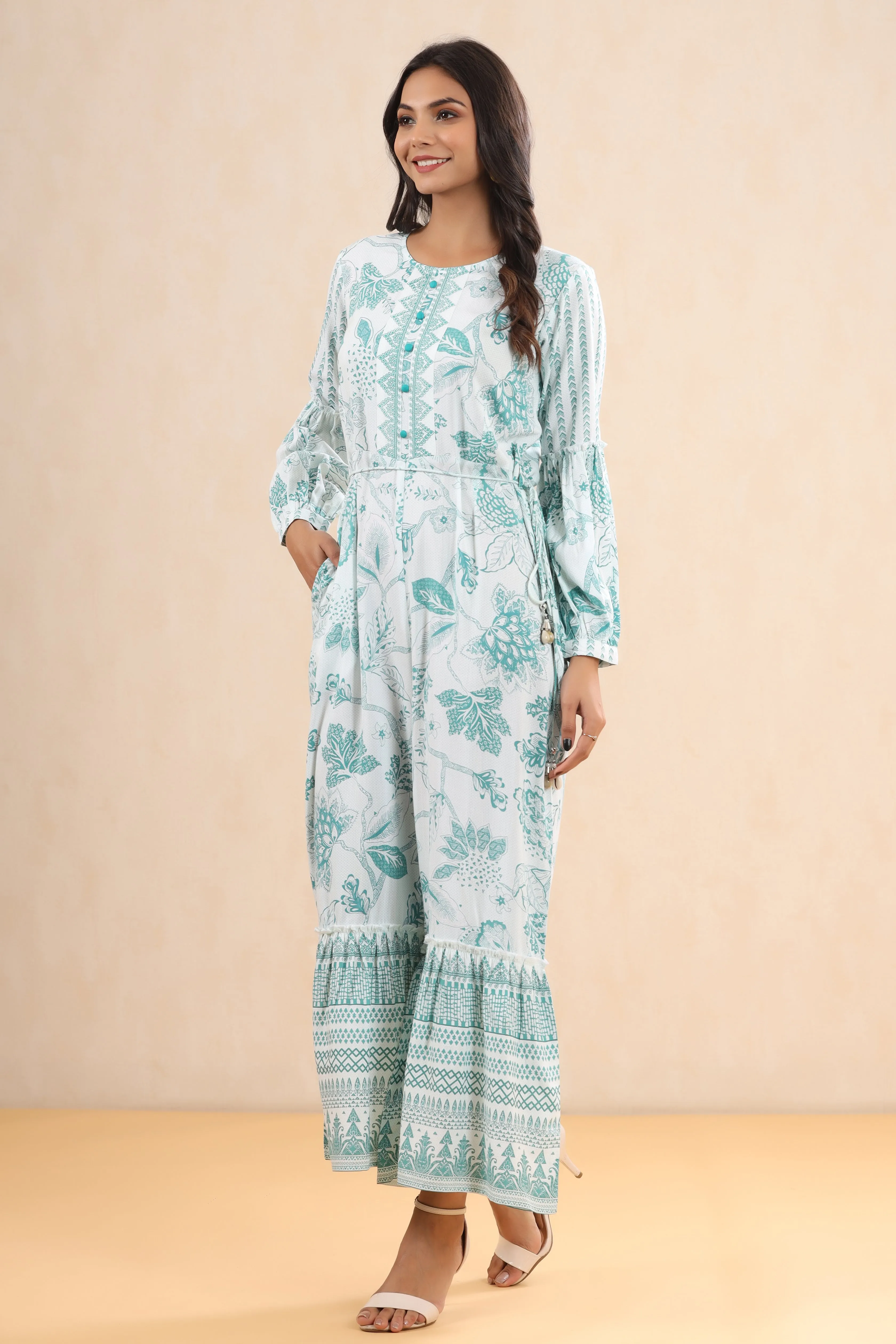 Juniper Teal Floral Printed Rayon Flared Jumpsuit.