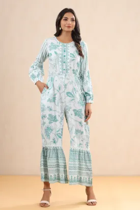 Juniper Teal Floral Printed Rayon Flared Jumpsuit.
