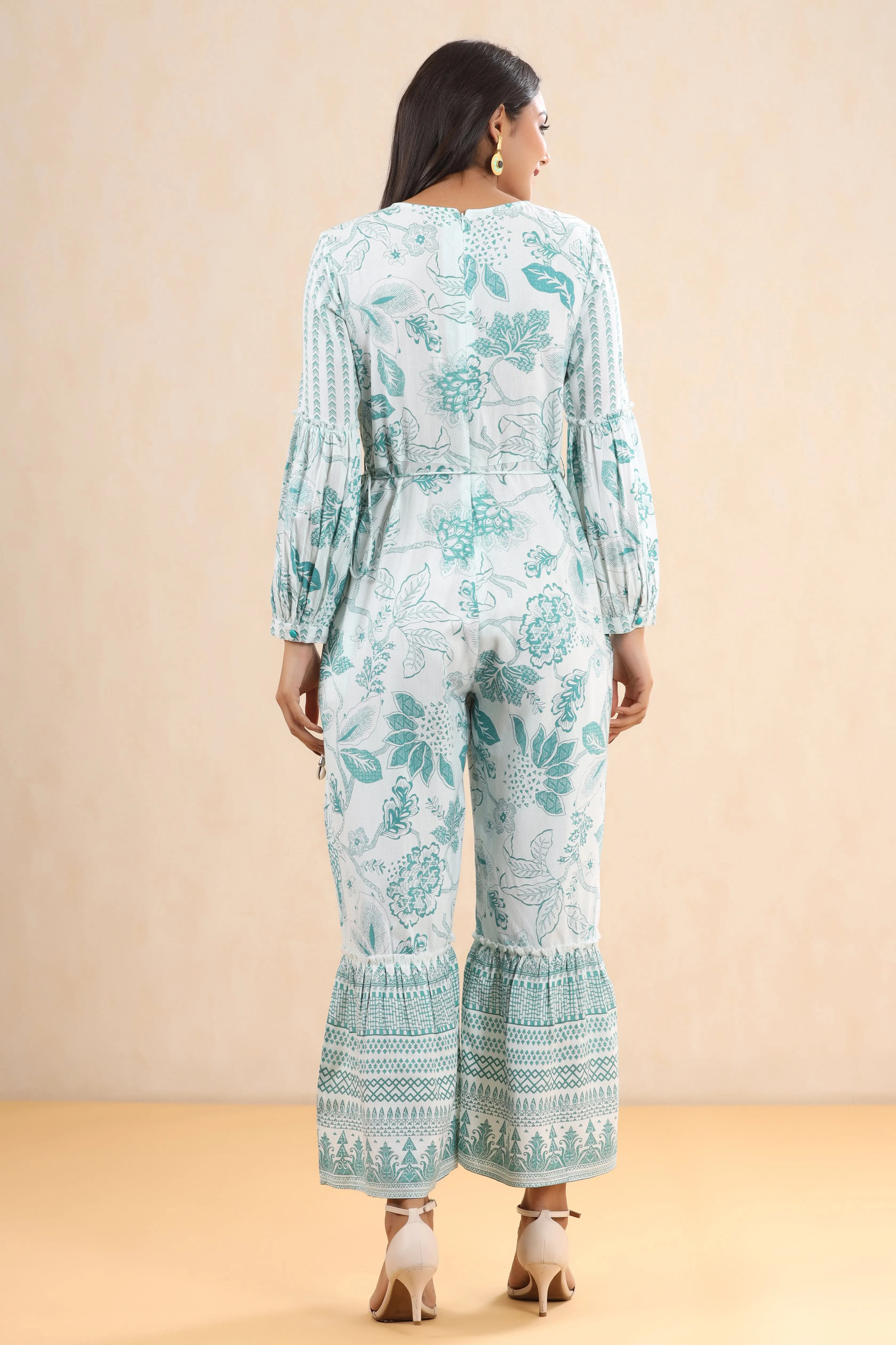 Juniper Teal Floral Printed Rayon Flared Jumpsuit.