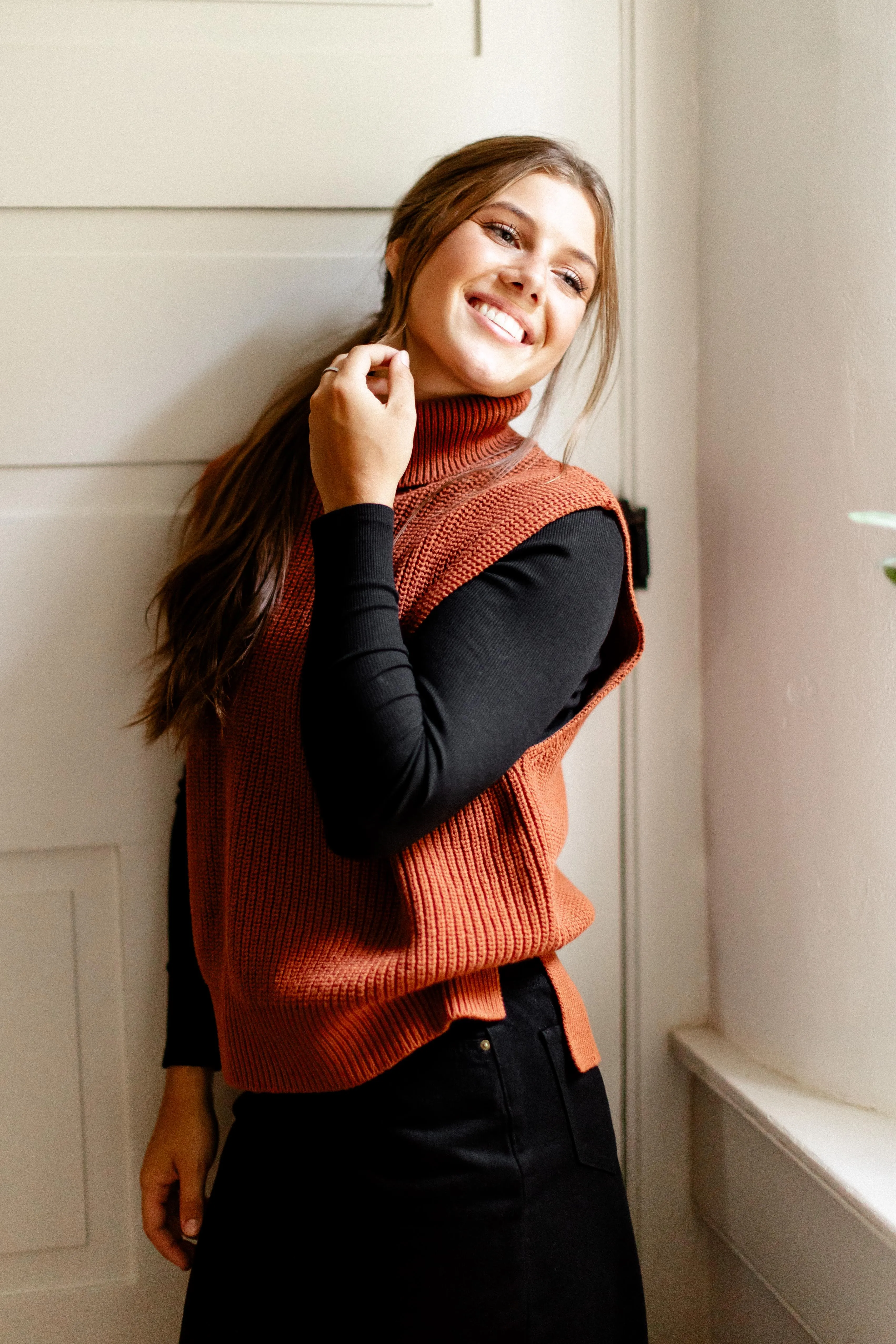 'Kennedy' Rib Knit Turtleneck Sweater Vest in Rust FINAL SALE