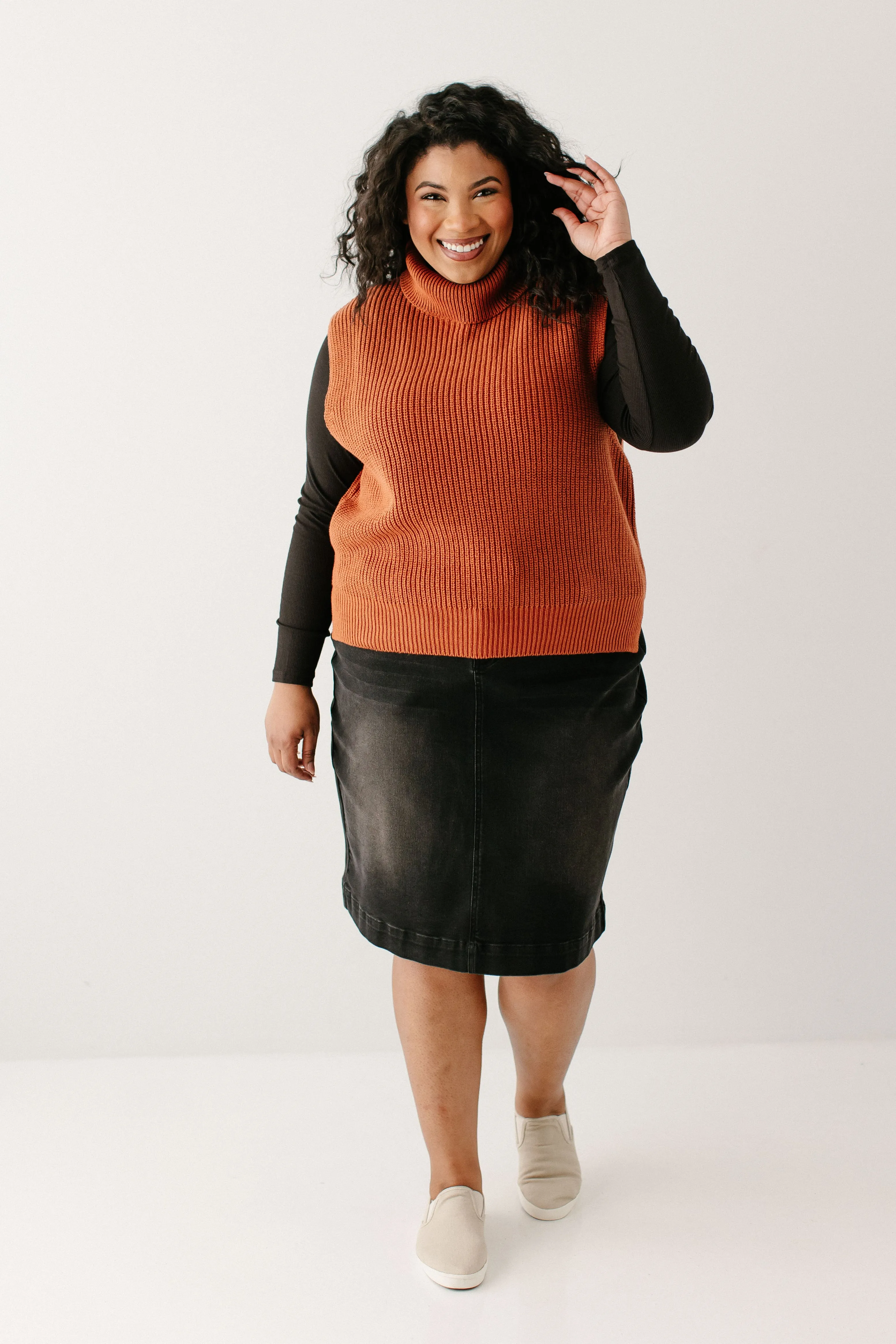 'Kennedy' Rib Knit Turtleneck Sweater Vest in Rust FINAL SALE