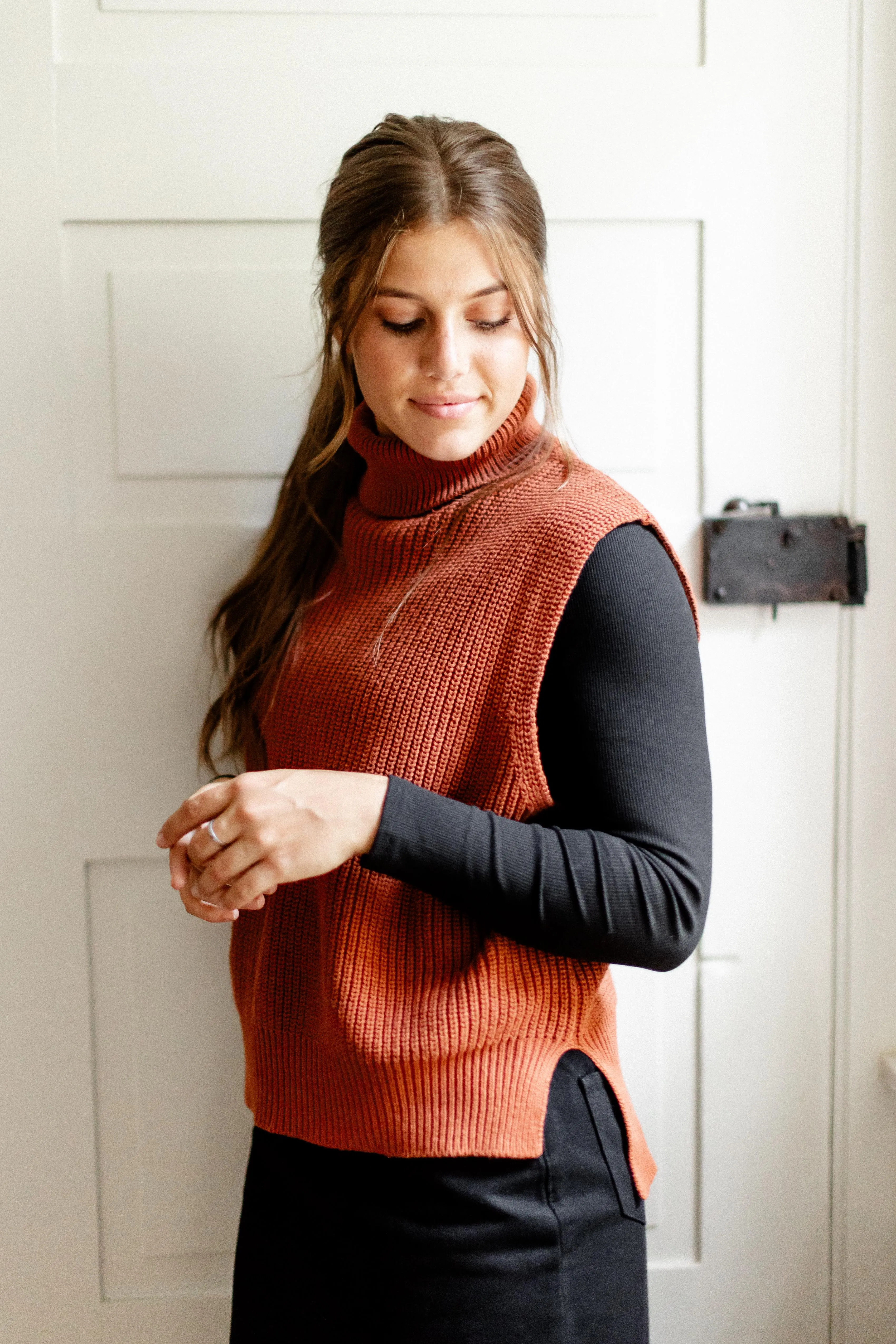 'Kennedy' Rib Knit Turtleneck Sweater Vest in Rust FINAL SALE
