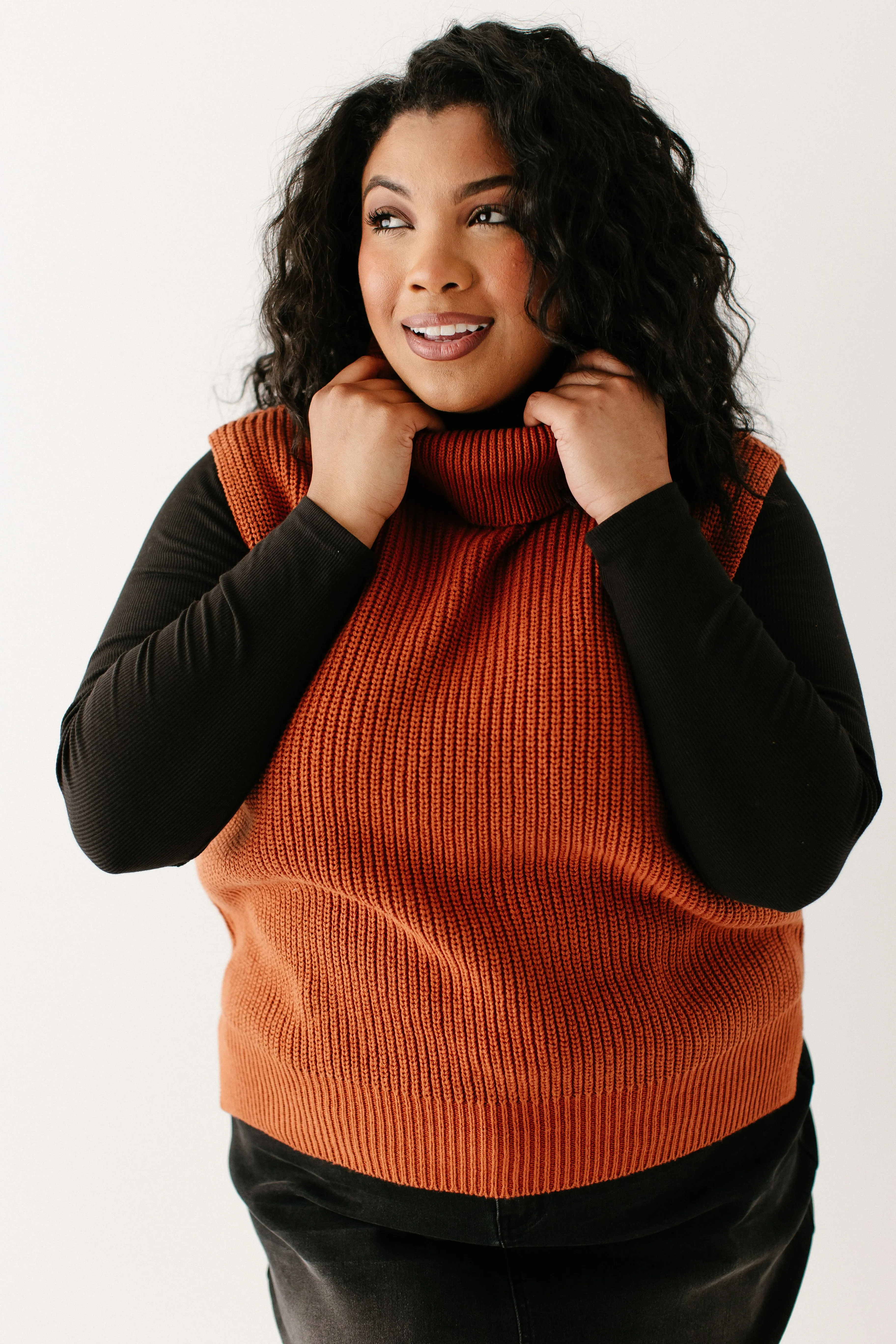 'Kennedy' Rib Knit Turtleneck Sweater Vest in Rust FINAL SALE