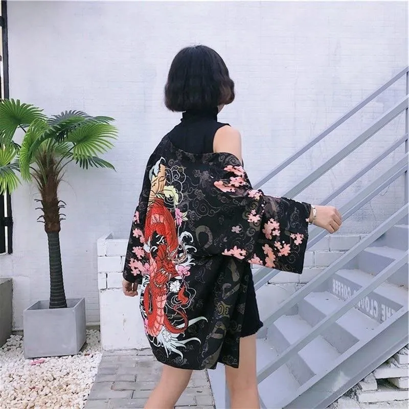 Kimono Cardigan Oriental Red Dragon