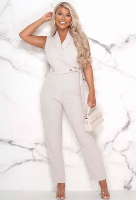Let's Go Out Beige Tailored Belted Jumpsuit