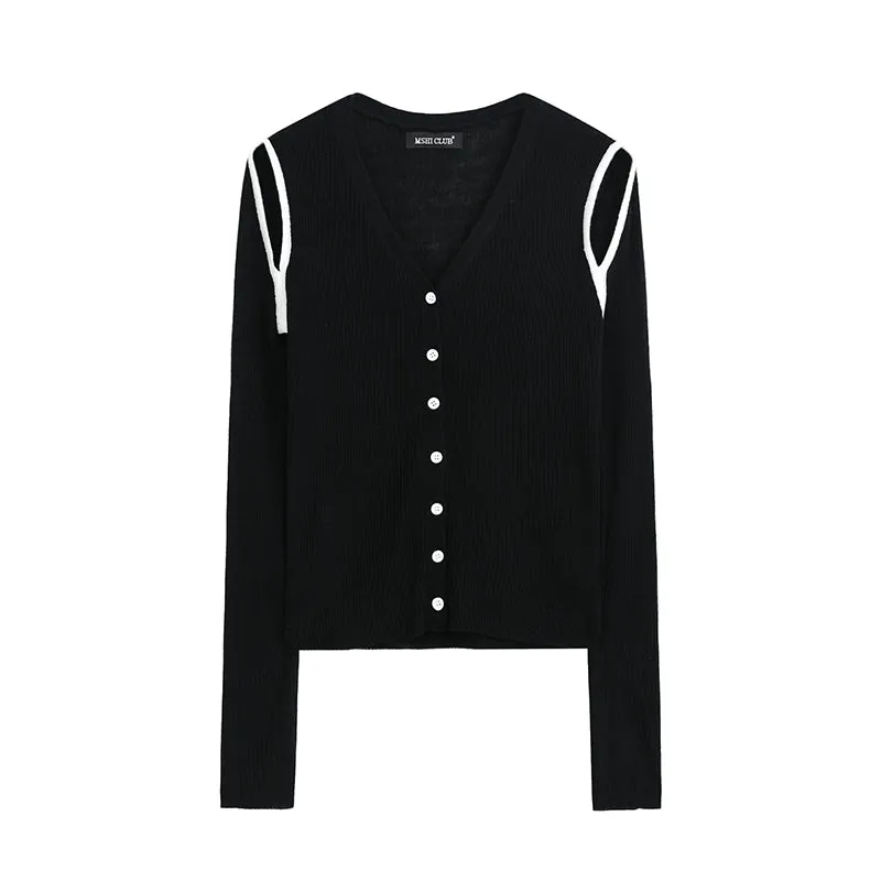 llow Knit Sweater Femininity Slim Slim Single-breasted Thin Off-shoulder Top Trendy