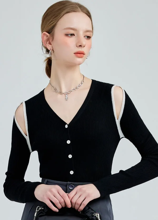llow Knit Sweater Femininity Slim Slim Single-breasted Thin Off-shoulder Top Trendy
