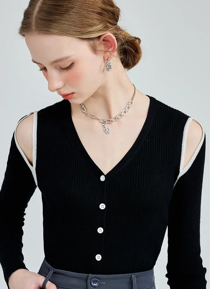llow Knit Sweater Femininity Slim Slim Single-breasted Thin Off-shoulder Top Trendy