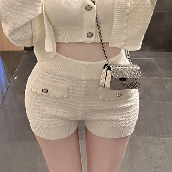 Long Sleeve Cardigan Knit Tube Top Shorts Set