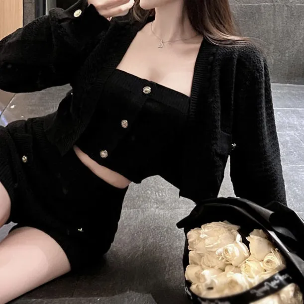 Long Sleeve Cardigan Knit Tube Top Shorts Set
