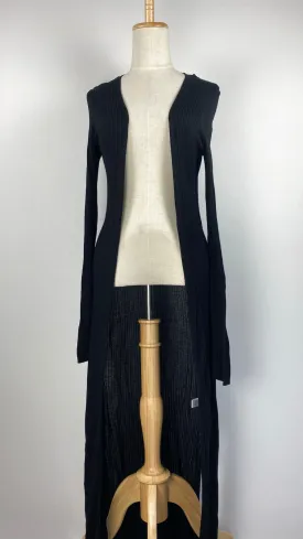 Long Sleeve Ribbed Open Midi Length Cardigan, Black