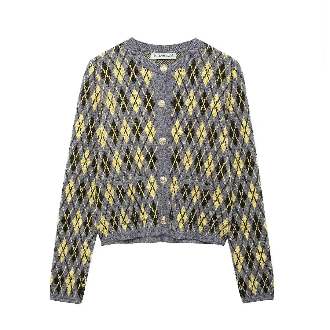Long Sleeves Diamond Pattern Knit Cardigan