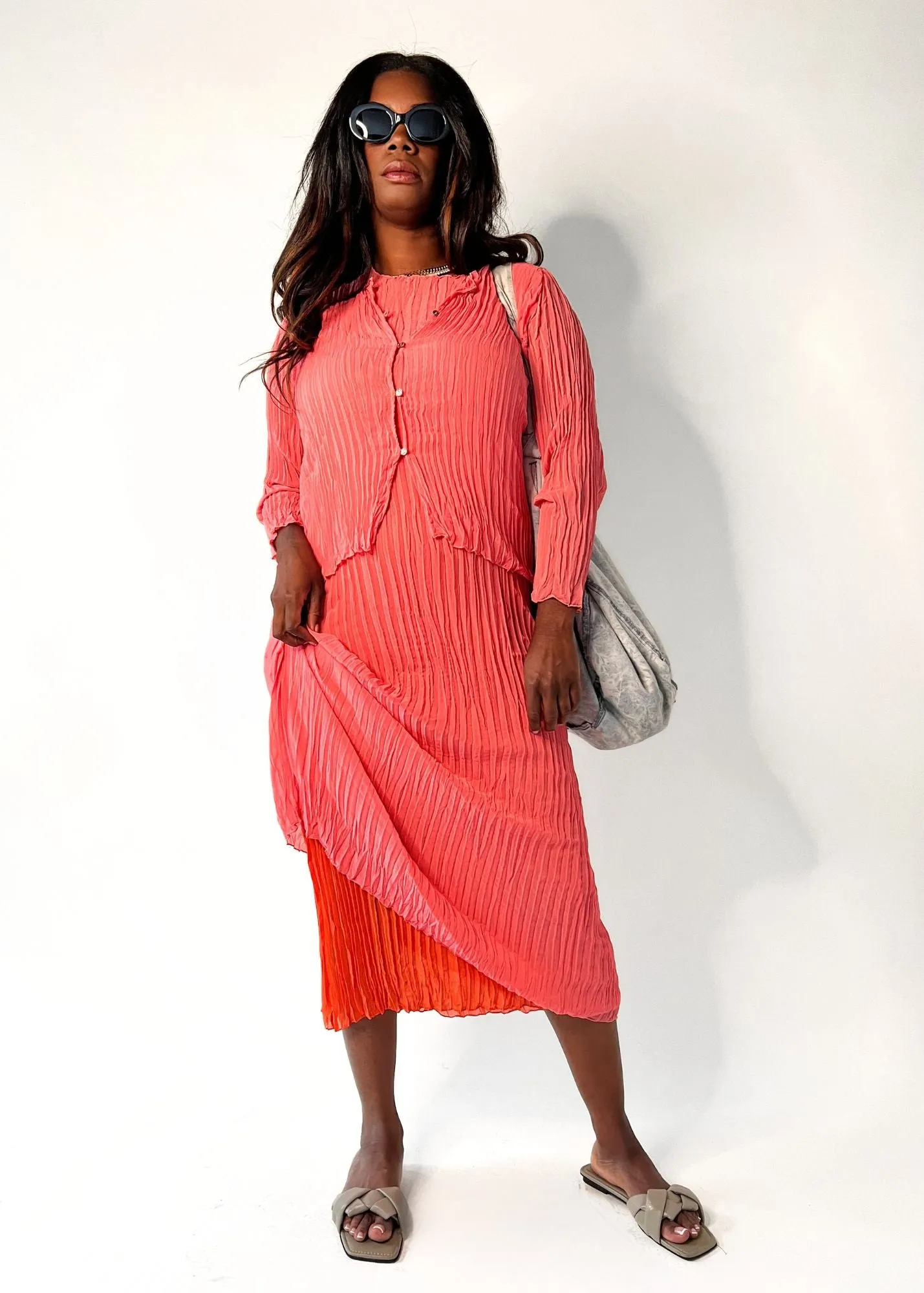 Maya Pleated Cardigan- Coral