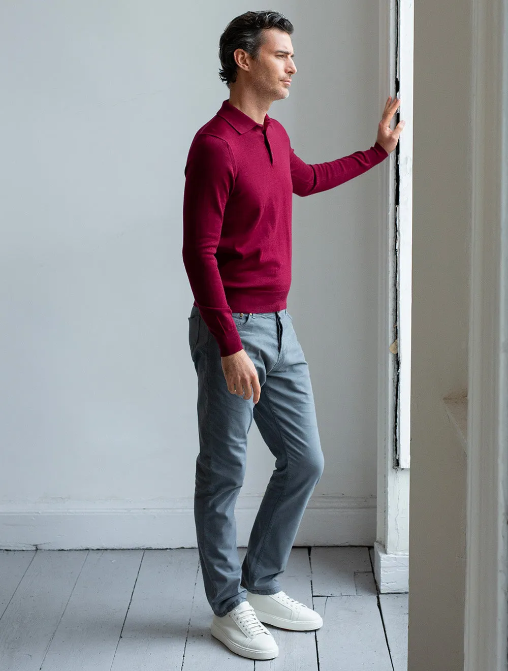 Merino Long Sleeve Polo Bordeaux